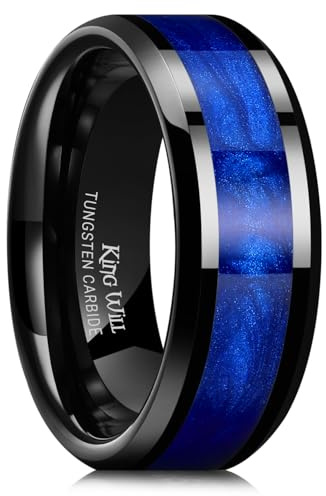 King Will Cinturino da uomo in tungsteno nero da 8 mm, intarsio blu sabbia, bordo smussato, vestibilità comoda, P 1/2(56.97mm), Metallo, Nessuna pietra preziosa