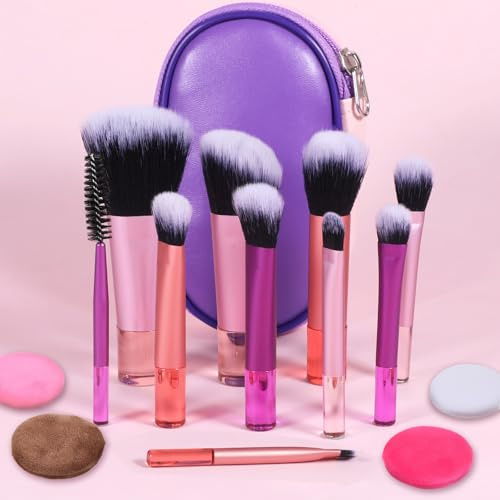 Lot de 14 mini pinceaux de maquillage de voyage avec étui - Portable - Ensemble complet de maquillage avec pompon à poudre - Petit accessoire de voyage pour femmes et filles - Pinceau à blush en