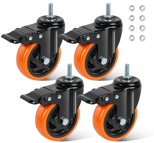 BAOLIHUI 100mm Heavy Duty Castors M10 × 30mm Set of 4 Non-Marking Stem Swivel Caster Wheels with Brake 500KG Total Load Capacity Lockable Smooth Rolling for Furniture and Workbenches
