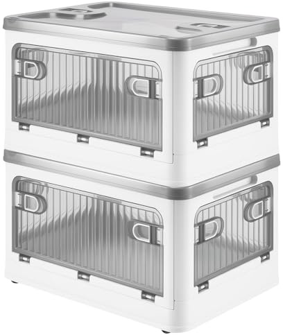 GreenWhim 2 Pack 28L Folding Storage Boxes with Lids and Wheels, Stackable Plastic Organizer Bins with Front Doors for Bedroom Closet Living Room Office (White)