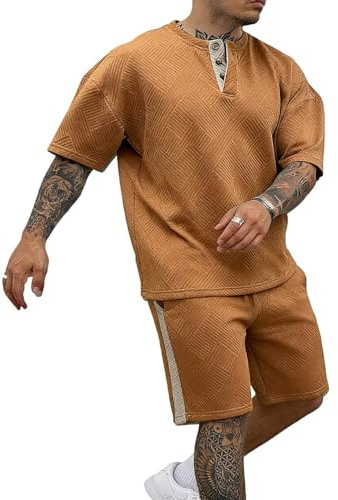 Remxi Mens 2 Piece Tracksuit Set Jacquard Henley Shirt Short Sets Casual Jogging Suits Summer Matching Sets brown L