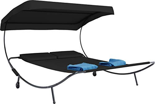 VCM Doppelliege | Gartenliege für Zwei Personen | Maße H. 137 x B. 180 x T. 200 cm | mit Rollen | Zweier Sonnenliege mit Dach - Bindox