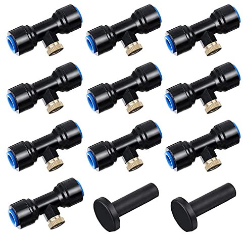 HUAZIZ 10 Stücke T-Stück Wasserrohr Verbinder mit Messing Nebeldüsen Bewässerungssystem Sprayer Sprinkler Sprühdüse T-Steckverbinder Kühlsystem Outdoor Misting System Zubehör