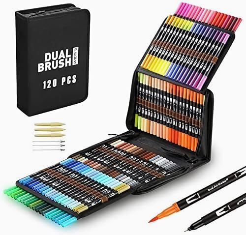 Surcotto Dual Brush Pen Set, 120 Farben Filzstifte, Tinte auf Wasserbasis Doppel Malstifte Für Bullet Journal Handlettering Kalligraphie Manga, Fasermaler[1-2 mm] und Fineliner[0,4 mm]