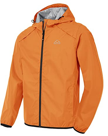 Rdruko Waterproof Jacket Mens Lightweight Rain Coat Packable Outdoor Reflective Camping Hiking Running Cycling Windbreaker Jacket Orange XL