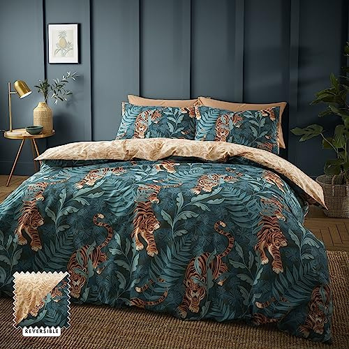 Catherine Lansfield Tropic Tiger Leaf Reversible Single Duvet Cover Set with Pillowcase Green