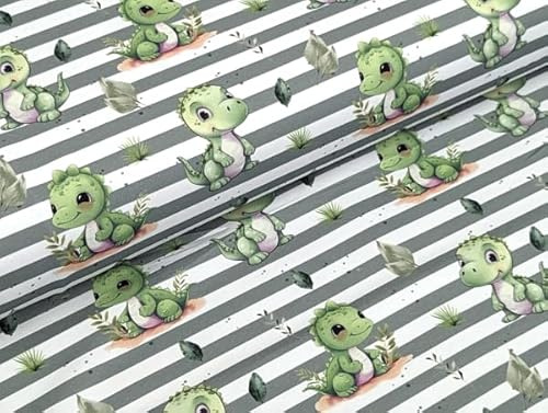 Eigenproduktion Baumwolljersey Kleiner Dino auf Grün Stoff Meterware Kleiderstoff Kinderstoff