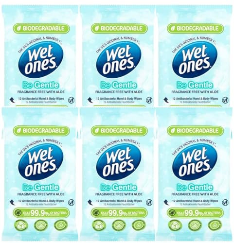 Wet Ones (Be Gentle) - Antibacterial Hand Wipes - Dermatologically Tested, Biodegradable Wet Wipes Ideal for Travel - 6 Packs of 12 Wipes (72 Wipes) - In Axpower Technology Empowering Box Packaging