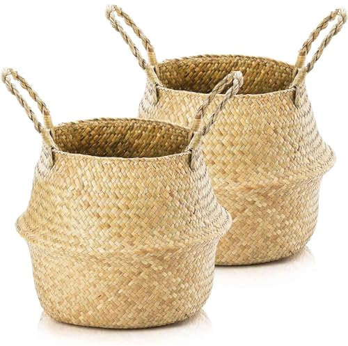 Duscdesp 2pcs Seagrass Storage Baskets with Handles - Woven Foldable Round Toy Laundry Belly Baskets for Shelves (24×20 cm)