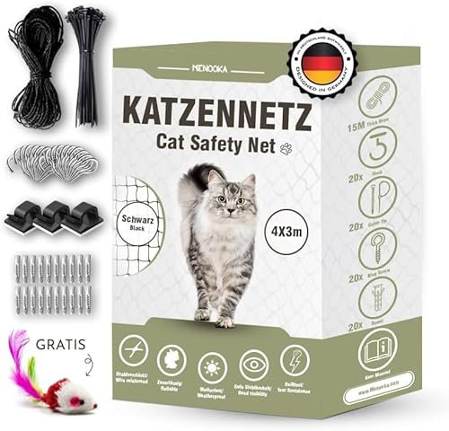 Menooka – Kattnät för balkong utan rör – kattnät – kattnät – fågelnät – kattnät balkong – kattnät fönster – fästset ingår – buntband (4 x 3)