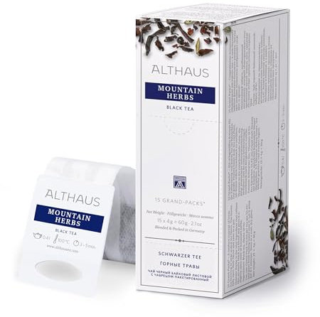 Althaus Tee MOUNTAIN HERBS ⋅ Schwarzer Tee im großen Teenetz ⋅ GRAND PACK ⋅ Schwarzer Tee mit Thymian ⋅ 15 x 4g