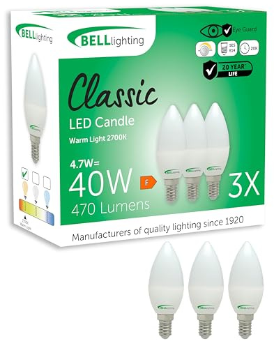 BELL Lighting E14 Dimmable LED Candle Bulbs 4.7W 470lm Warm White 3 Pack | Dimmable E14 small screw LED candle bulbs with 2700K warm white light, 470lm output and 40W equivalent brightness.