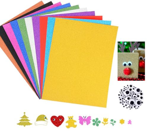 THXFUNAREA Glitzerpapier zum Basteln 10 Farben +20 Stück wackelaugen selbstklebend,Bunt Glitzer Papier A4 10 Blatt 250g/m² Glitterkarton zum Basteln und Gestalten,Grußkarten Scrapbooking