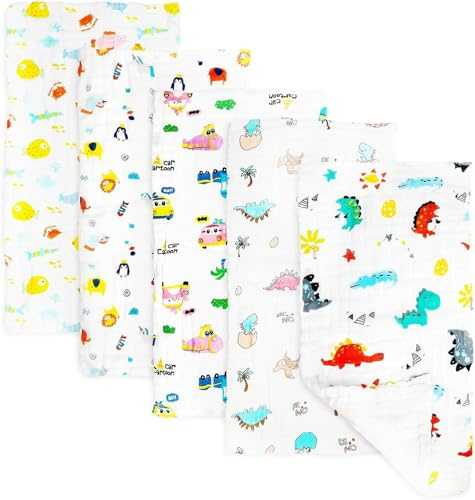UOCAI 5 Stück Spucktücher Baby, Weiche Mulltücher Baby 50x25 cm aus Baumwolle, 6 Lagig Saugstark Waschlappen Mullwindeln für Jungen Mädchen