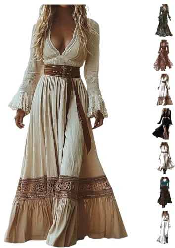 YCBMINGCAN Robe longue bohème vintage - Style rustique, col V, motif floral, taille haute, décontractée, printemps, manches longues, robe de plage occidentale