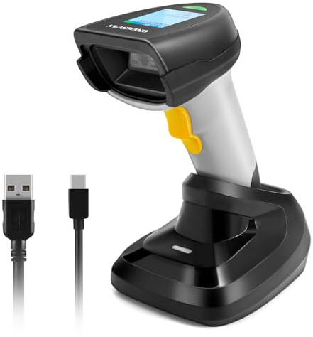 Scanner per codici a barre 2D wireless, scanner di codici a barre palmare scanner per codici a barre con base 2 in 1 connessione USB cablata e lettore di codici a barre automatico a matrice di dati