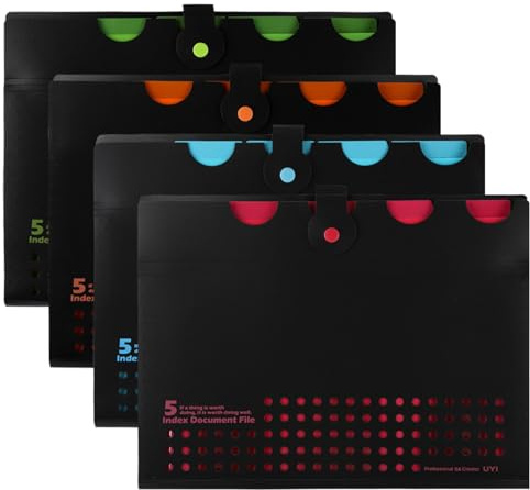 Carpetas de archivos expandibles de 4 colores con 6 bolsillos, organizador de archivos de acordeón A4 con cierre a presión, organizador de documentos para escuela, hogar, oficina (4 unidades, estilo B