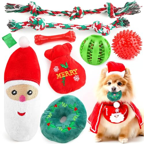 EZIYIN Christmas Dog Toys 9 Pack, Luxury Santa Puppy Chew Toy, Cotton Squeaky Plush Toys for Small Dogs, Durable Interactive Rope Treat Dog Ball and Bones, Rubber Teething Toys for Dogs Gifts