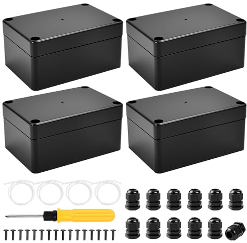 VGECEE 4 Pezzi Scatole di Derivazione, Scatola Derivazione Stagna IP67 con 12 Pressacavi e 1 Cacciavite Scatola Derivazione Esterna ABS Scatola di Giunzione Custodia da Parete, 100 * 68 * 50mm, Nero