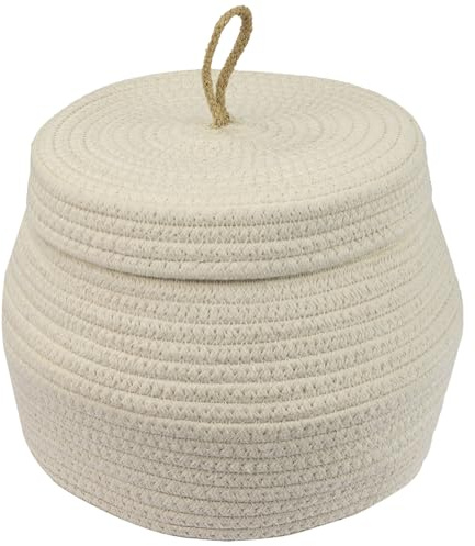 HMF Cesta de almacenamiento redonda para baño, cesta con tapa de algodón, altura 25,5 x 19 cm, color crema