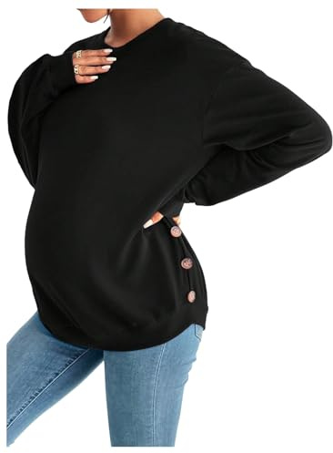 RoseSeek Women's Maternity Button Down Sweatshirts Crew Neck Long Sleeve Pullover Sweatshirts Black Large