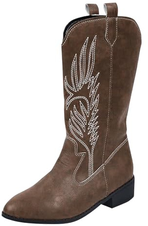 Bottes de cowboy pour femme - En cuir - Broderie pointue - Bottes de cowboy western plates - Bottes longues - Bottes longues confortables - Pour l'automne et l'hiver - Bottes Chelsea légères, café, 40