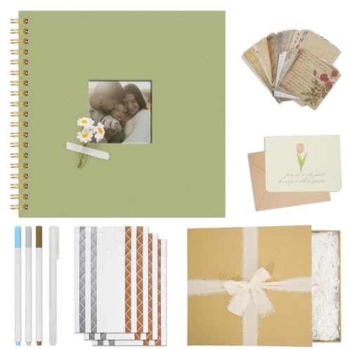 Vienrose Álbum de Scrapbook DIY Kit Completo 25,5 x 25,5 cm con Tapa de Lino, 40 Páginas Blancas y Accesorios Decorativos, Regalo para Bodas, Nacimiento, Viajes, Cumpleaños, Navidad, Verde