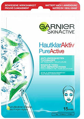 GARNIER Skin Active - Masque Tissu Anti-Imperfections - Réduit Pores, Sébum & Points Noirs - BHA, Niacinamide, Huile d’Arbre À Thé - Vegan & Cruelty Free - Tissu Compostable - Peaux À Imperfections