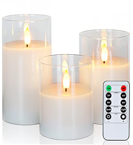 Amagic Clear Glass Flameless Candles Battery Operated with Timer, Remote Control, LED Pillar Candles, Battery Powered, Valentine's Day Decor, Pure White Wax, Set of 3