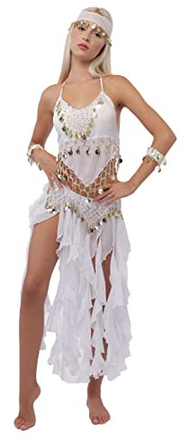 5 Piezas Traje de Danza del Vientre Profesional para Mujer, Conjunto de Accesorios Top y Falda Largas de Gasa para Disfraces India y Fiestas Temáticas, Talla única (Blanco)