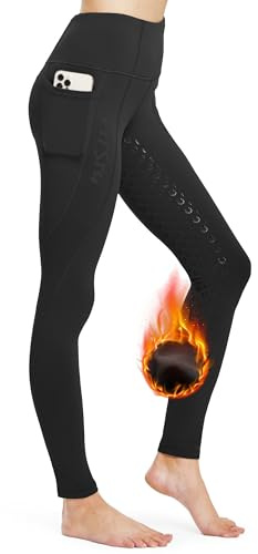 FitsT4 Sports Damen Winterreitleggings Silikon Vollbesatzreithose mit Fleecefutter mit Handytasche und Gürtelschlaufen,Schwarz,XS