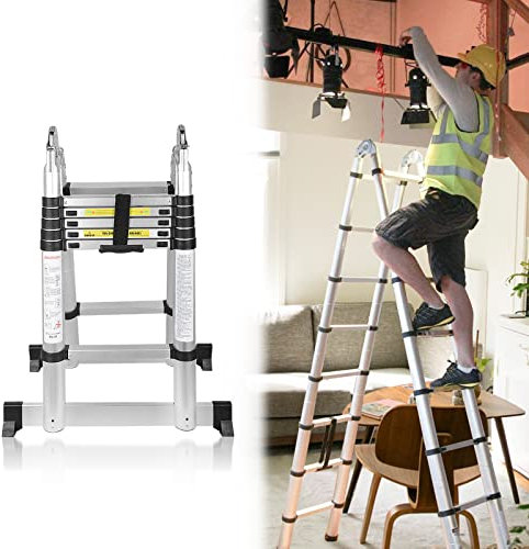 Jopassy 1,9 m 1,9 m teleskopstege, aluminiumstege – halkfri fällbar stege stående stege multifunktionsstege – 6 ribbor – 150 kg/330 pund lastkapacitet