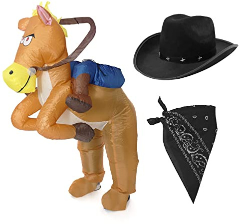 Vuxna cowboy maskeraddräkt – uppblåsbar ridhäst, svart cowboyhatt, svart paisley bandana – vuxna vilda västern maskeraddräkt