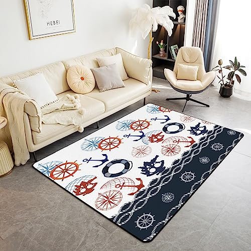 Ozean Modern Teppich Nautische Dekor Wohnzimmer Teppiche 100x150cm Mädchen Jungen Meer Abenteuer Indoor Bodenmatte Kleinkind Netter Anker Kompass Ruder Modern Teppich Bunte Wohnzimmer Teppiche