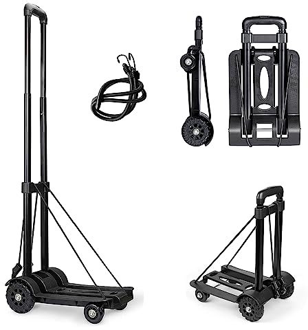 Pejevir Carretilla Plegable, Capacidad de Carga 50 KG Carrito Plegable con Ruedas Barra de Tiro Ajustable, Carretilla de Transporte con 2 Cuerdas Extensibles para Oficina en Casa, Compras, Viajes