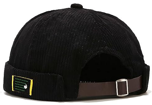 XYIYI Schwarz Herren Cordmütze Dockermütze Brimless Hat Schädelkappe Arbeiter Matrosenmütze Gerollte Manschette Retro Beanie Mütze