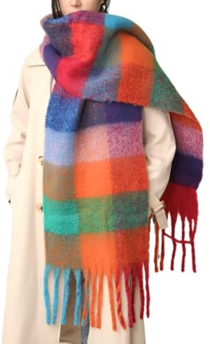 MININAI Chunky Winter Schals für Frauen Kaltes Wetter Warm Strick Dicker Plaid Schal Lange Große Übergroße Karierte Schals, Bunt, Einheitsgröße