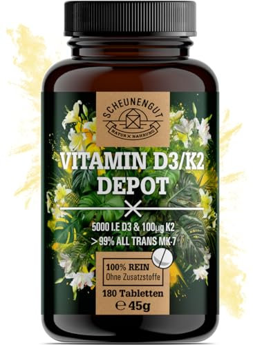Vitamin D3 K2 5000IE Depot Hochdosiert - WICHTIG: Laborgeprüfter Markenkomplex +5000IE Vitamin D3 PRO Tab und 99,7% All-Trans K2-MK7 I 180 Vitamin D Tabs -DE- SCHEUNENGUT®