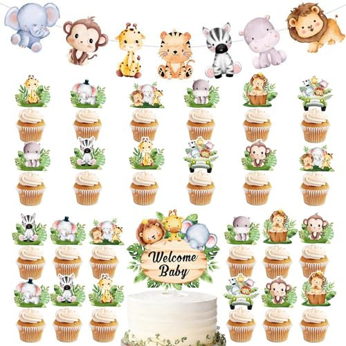 Decoration Gateau Animaux, Décoration Muffin Animaux, Safari Deco, Cupcake Topper pour Enfant Fille Garçon Anniversaire pour 1er Anniversaire, Animaux de la Jungle Décoration de Gâteau