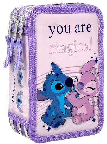 Clondo Astuccio 3 Scomparti 3D Bambini, Per Stitch e Angel Fan, Triplo Riempito, 44 Accessori Scuola Elementare Bambina, 3 Zip, 20 Centimetri