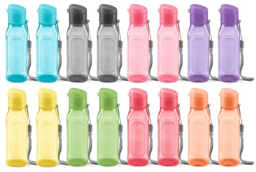 Bulk Set of 16 Multicolor 10oz Water Bottles for Kids and Adults - Leak Proof With Carry Strap - Square Reusable for Juice, Drinks - BPA-Free Dishwasher-Safe