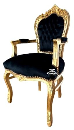 Sillón de estilo francés Louis Black Velvet Chair Barroco Rococo Style Armchair Antique Style Reproduction Black in Gold Finish for Home Décor
