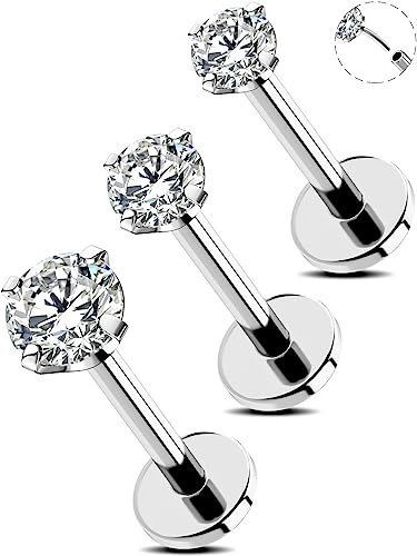 OUFER Piercing da naso da 18 G per narice 3 pezzi con retro piatto a forma di conchiglia trago elice gioielli senza filettatura in acciaio chirurgico piercing per labbro cartilagine CZ 6 mm