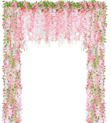 Thiccywoov 4pcs Wisteria Artificial Flowers Garland, 7.2Ft/Piece Wisteria Hanging Flowers Garland for Wedding Arch Decoration Outdoor Ceremony Home Backdrop Garden (Pink,Dark Pink,White)