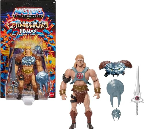 Masters of the Universe Origins & ThunderCats Figura de acción articulada de 14cm de He-Man, cruce de los años 80, juguete con armadura intercambiable, espada, escudo y un cómic en miniatura, JFW98