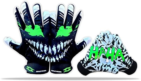 Scale Wear Design Toxic Venom Football Receiver Gloves - Tacky Sticky Grip Skin Tight Adult Pro Elite Super Performance Youth Man Boy Men Sizes (Black-Green, Youth - M)