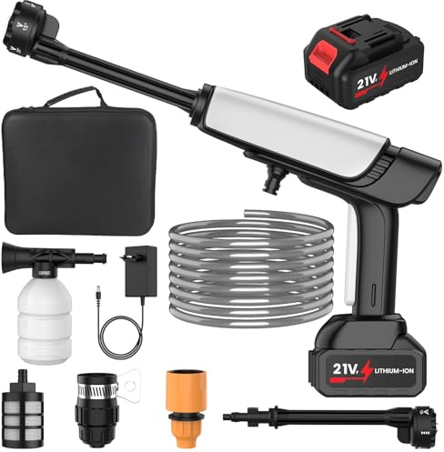 Nettoyeur Haute Pression sans Fil, Nettoyeur Haute Pression sur Batterie 50Bar avec 1 x 3.0Ah Batterie, 6-en-1 Buse, Débit 6 L/Min, 2 Niveaux de Pression, Tuyau De 5 M, pour Voiture, Terrasse, Jardin