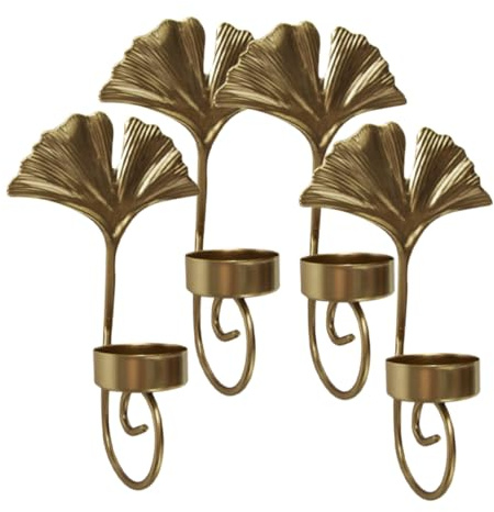 DEARMAMY Candelabros de Pared de Hierro Forma de Hoja Dorada Juego de 4 Piezas Apliques Decorativos para Sala y Dormitorio Soporte Mural Resistente para Ambiente Elegante