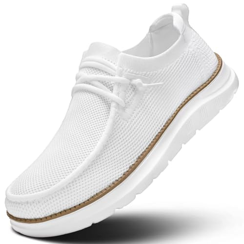 Mens Slip On Loafers Shoes Casual Mesh Walking Boat Shoes Dress Sneakers Mesh Business Oxfords Work Lightweight Comfortable Soft Sole White