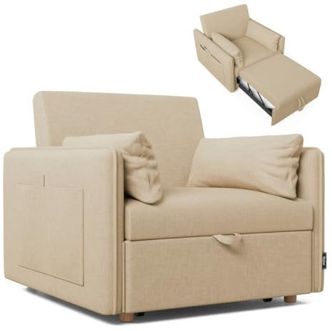 Nalui-Sofá Cama 1 Plaza 3 en 1 Nest 1 93x100x79cm con 3 Posiciones y 2 Almohadas (55x20cm). Sofá Cama Individual, Soporta hasta 200Kg. Sillón Cama Reclinable con Reposabrazos, Beige